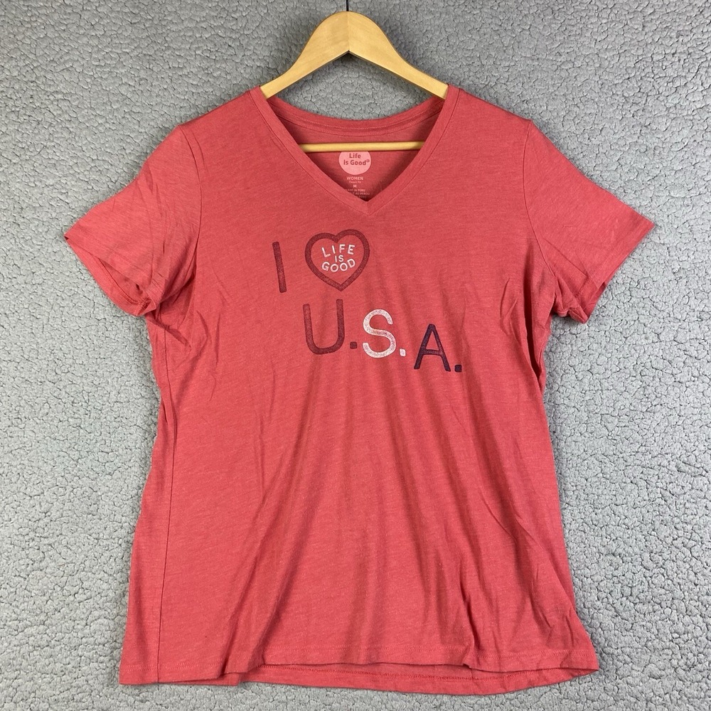 Life Is Good I Love USA Womens TShirt M Red US Olympic V Neck Cotton Classic Fit